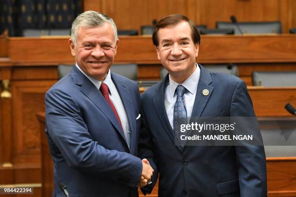 House Foreign Affairs Committee Chairman Ed Royce, R-CA, greets Jordan's King Abdullah II ahead of a meeting in the Rayburn House Office Building on...