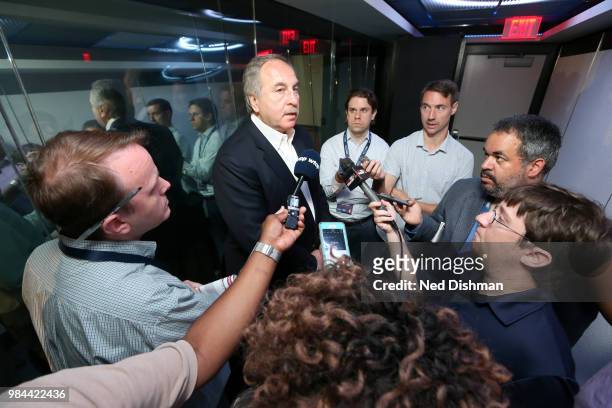 Ernie Grunfeld of the Washington Wizards speaks to the media after a press conference on June 25, 2018 at Capital One Arena in Washington D.C. NOTE...