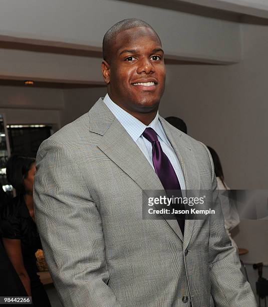 Football player D'Brickashaw Ferguson of the New York Jets attends the launch of G Series Pro by Gatorade at 40 Renwick Street on April 13, 2010 in...