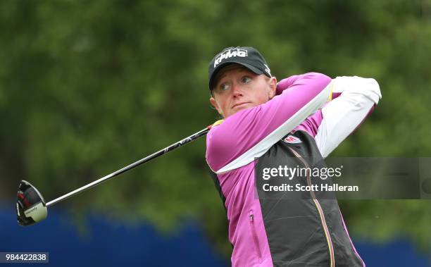 Stacy Lewis hits a shot during the pro-am prior to the start of the KPMG Women's PGA Championship at Kemper Lakes Golf Club on June 26, 2018 in...