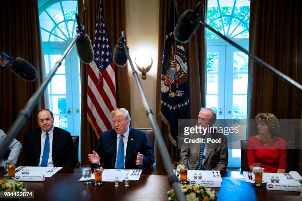 President Donald Trump speaks during a lunch meeting with Republican lawmakers in the Cabinet Room at the White House June 26, 2018 in Washington,...