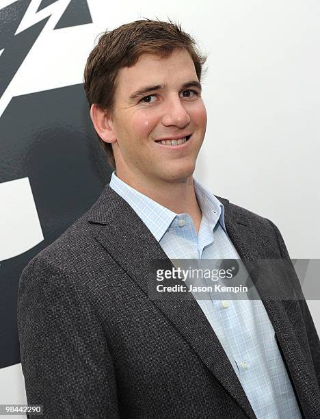 Football player Eli Manning of the New York Giants attends the launch of G Series Pro by Gatorade at 40 Renwick Street on April 13, 2010 in New York...