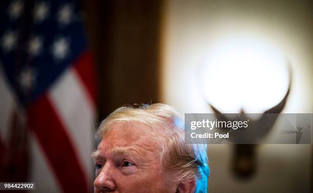President Donald Trump speaks during a lunch meeting with Republican lawmakers in the Cabinet Room at the White House June 26, 2018 in Washington,...