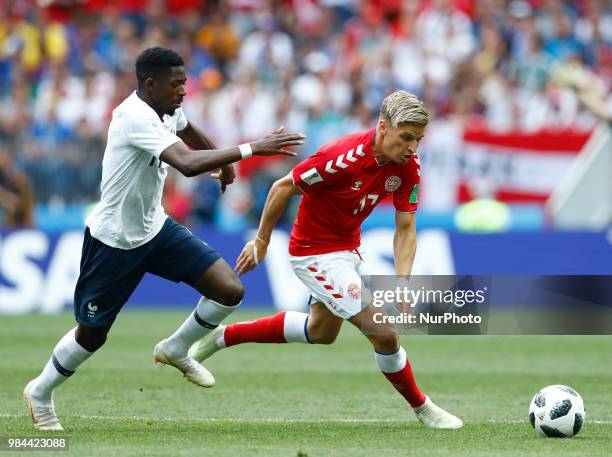 Group C France v Denmark - FIFA World Cup Russia 2018 Ousmane Dembele and Larsen Jens Stryger at Luzhniki Stadium in Moscow, Russia on June 26, 2018.