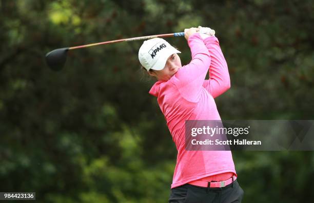 Lisa Maguire of Ireland hits a shot during the pro-am prior to the start of the KPMG Women's PGA Championship at Kemper Lakes Golf Club on June 26,...