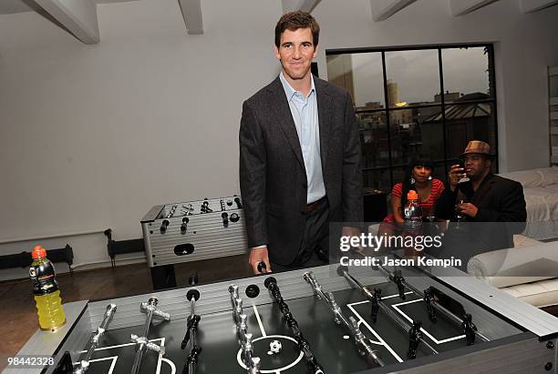 Football player Eli Manning of the New York Giants attends the launch of G Series Pro by Gatorade at 40 Renwick Street on April 13, 2010 in New York...