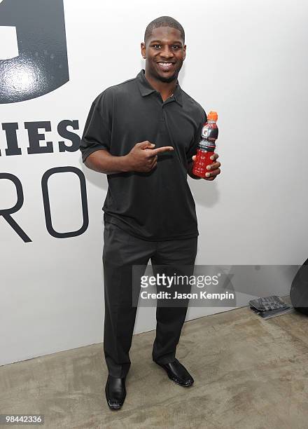 Football player LaDainian Tomlinson of the New York Jets attends the launch of G Series Pro by Gatorade at 40 Renwick Street on April 13, 2010 in New...