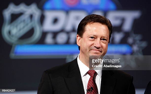 Edmonton Oilers GM Steve Tambellini speaks after being awarded the first overall pick during the NHL Draft Lottery Drawing at the TSN Studio April...