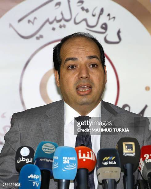 Ahmed Meitig, deputy head of Libya's Government of National Accord , speaks during a press conference in the capital Tripoli on June 26, 2018....