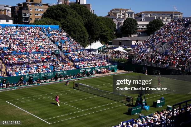 General view of the action in the women singles match between Johanna Konta of Great Britain and Aleksandra Krunic of Serbia during Day Five of the...