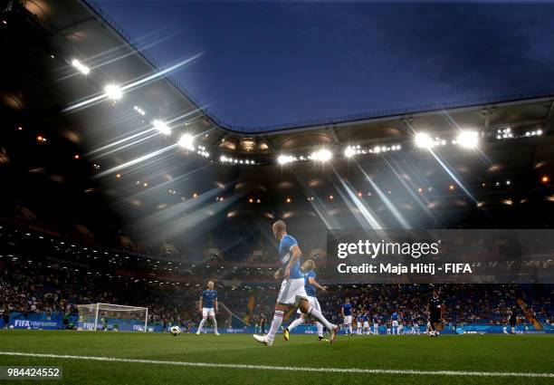 General view inside the stadium as Iceland warm up prior to the 2018 FIFA World Cup Russia group D match between Iceland and Croatia at Rostov Arena...