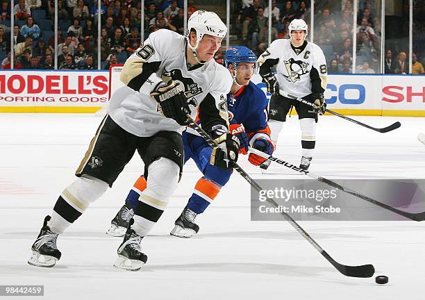 Ruslan Fedotenko of the Pittsburgh Penguins skates against the New York Islanders on April 11, 2010 at Nassau Coliseum in Uniondale, New York....