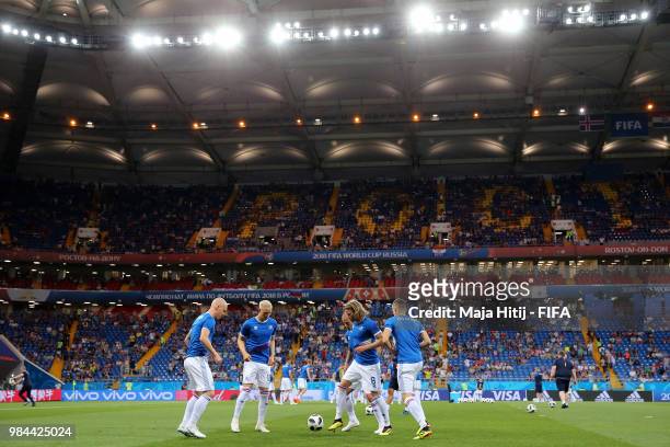 General view inside the stadium as Iceland warm up prior to the 2018 FIFA World Cup Russia group D match between Iceland and Croatia at Rostov Arena...