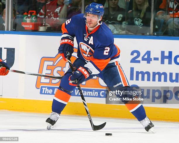 Mark Streit of the New York Islanders skates against the Pittsburgh Penguins on April 11, 2010 at Nassau Coliseum in Uniondale, New York. Penguins...