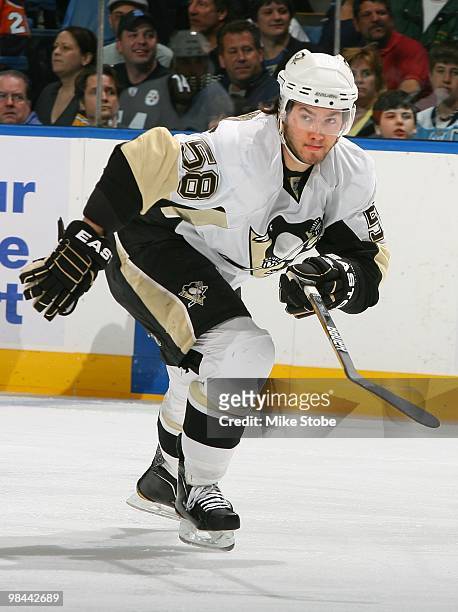Kris Letang of the Pittsburgh Penguins skates against the New York Islanders on April 11, 2010 at Nassau Coliseum in Uniondale, New York. Penguins...