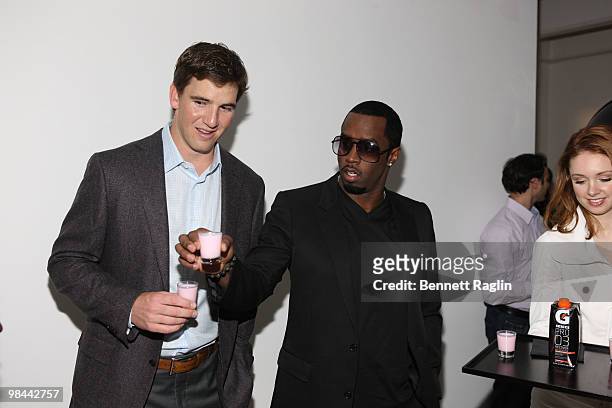 Eli Manning of the New York Giants and Diddy attend the launch of G Series Pro by Gatorade at 40 Renwick Street on April 13, 2010 in New York City.