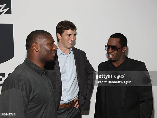 Ladainian Tomlinson of the New York Jets, Eli Manning of the New York Giants and Diddy attend the launch of G Series Pro by Gatorade at 40 Renwick...