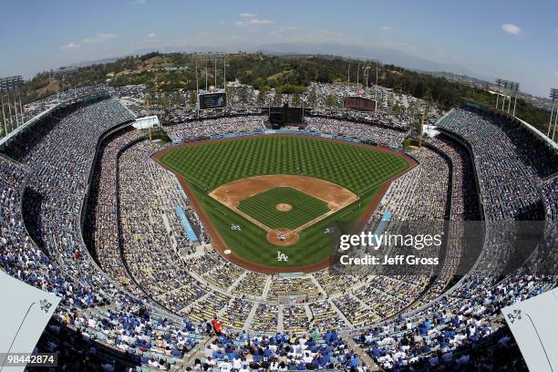 General view of Dodger Stadium is seen during the first pitch of the game between the Arizona Diamondbacks and the Los Angeles Dodgers on April 13,...
