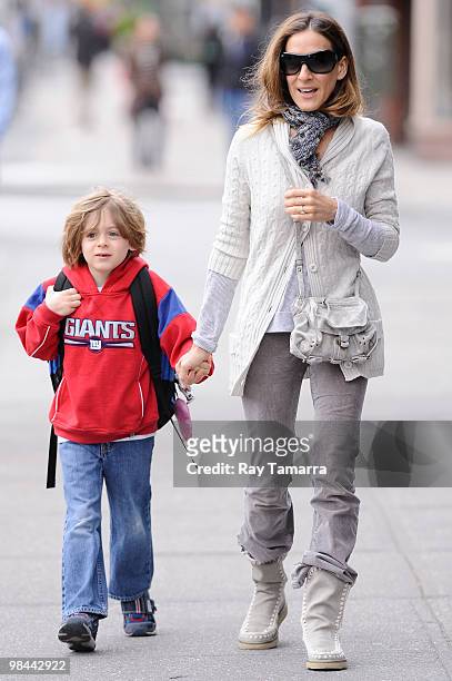 Actress Sarah Jessica Parker and her son James Wilkie Brodderick walk in the West Village on April 13, 2010 in New York City.