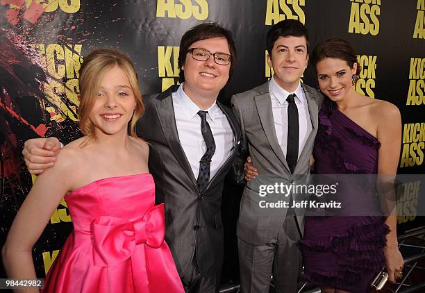 Actress Chloe Moretz, actor Clark Duke, actor Christopher Mintz-Plasse and actress Lyndsy Fonseca arrive at the "Kick-Ass" premiere held at ArcLight...