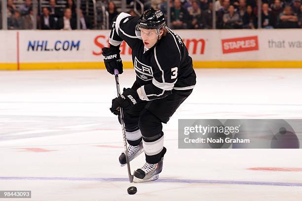 Jack Johnson of the Los Angeles Kings skates with the puck against the Phoenix Coyotes on April 8, 2010 at Staples Center in Los Angeles, California.