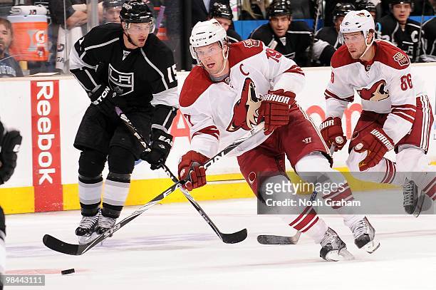 Shane Doan of the Phoenix Coyotes skates with the puck against the Los Angeles Kings on April 8, 2010 at Staples Center in Los Angeles, California.