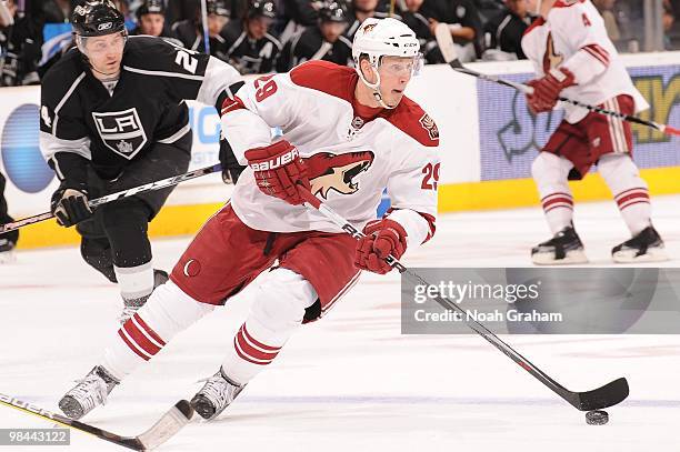 Lauri Korpikoski of the Phoenix Coyotes skates with the puck against the Los Angeles Kings on April 8, 2010 at Staples Center in Los Angeles,...