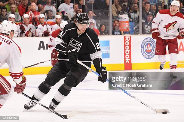 Michal Handzus of the Los Angeles Kings skates with the puck against the Phoenix Coyotes on April 8, 2010 at Staples Center in Los Angeles,...
