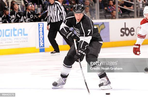 Rob Scuderi of the Los Angeles Kings skates with the puck against the Phoenix Coyotes on April 8, 2010 at Staples Center in Los Angeles, California.