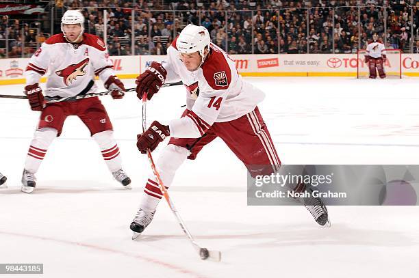 Taylor Pyatt of the Phoenix Coyotes shoots the puck against the Los Angeles Kings on April 8, 2010 at Staples Center in Los Angeles, California.