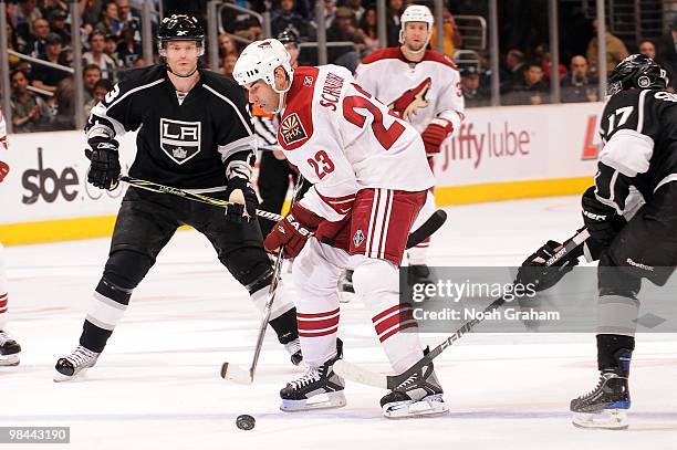 Mathieu Schneider of the Phoenix Coyotes skates with the puck against the Los Angeles Kings on April 8, 2010 at Staples Center in Los Angeles,...