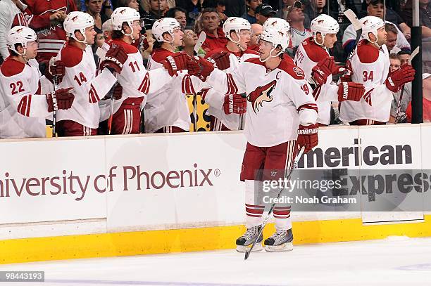 Shane Doan of the Phoenix Coyotes celebrates with the bench after a goal against the Los Angeles Kings on April 8, 2010 at Staples Center in Los...