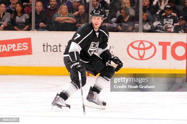 Rob Scuderi of the Los Angeles Kings looks for the puck against the Phoenix Coyotes on April 8, 2010 at Staples Center in Los Angeles, California.