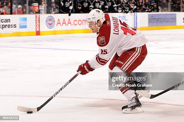 Matthew Lombardi of the Phoenix Coyotes skates with the puck against the Los Angeles Kings on April 8, 2010 at Staples Center in Los Angeles,...