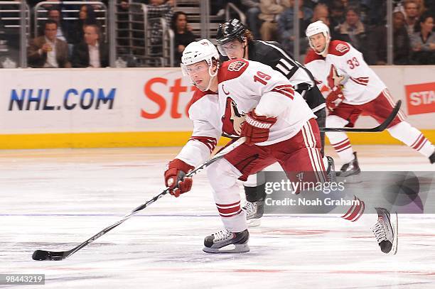 Shane Doan of the Phoenix Coyotes skates with the puck against the Los Angeles Kings on April 8, 2010 at Staples Center in Los Angeles, California.