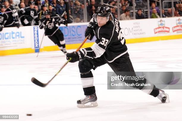 Fredrik Modin of the Los Angeles Kings passes the puck against the Phoenix Coyotes on April 8, 2010 at Staples Center in Los Angeles, California.