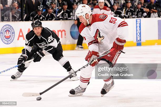 Derek Morris of the Phoenix Coyotes skates with the puck against the Los Angeles Kings on April 8, 2010 at Staples Center in Los Angeles, California.