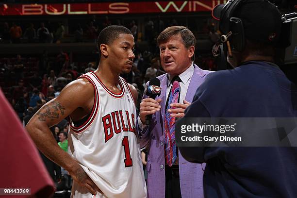 Comentator Craig Sager speaks with Derrick Rose of the Chicago Bulls following a game against the Boston Celtics on April 13, 2010 at the United...