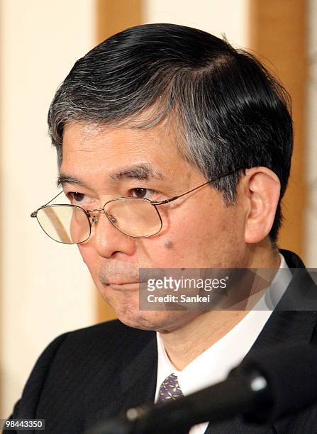 Mitsubishi Tanabe Pharma Corporation President Michihiro Tsuchiya attends a press conference at the Imperial Hotel on April 14, 2010 in Tokyo, Japan....