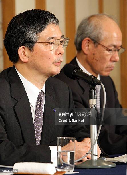 Mitsubishi Tanabe Pharma Corporation President Michihiro Tsuchiya speaks at a press conference with Bipha Corporation President Takehiko Fujii at the...