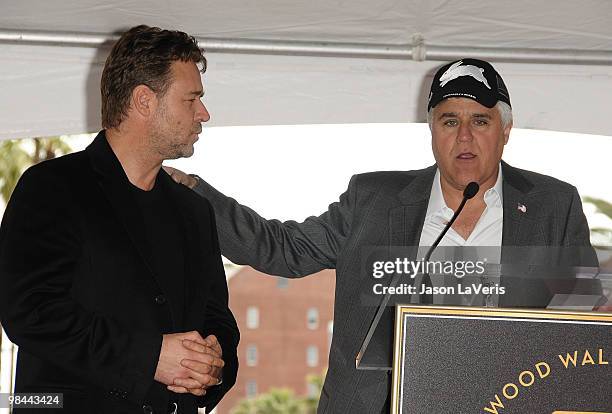 Actor Russell Crowe and comedian Jay Leno attend Russell Crowe's induction into the Hollywood Walk Of Fame on April 12, 2010 in Hollywood, California.