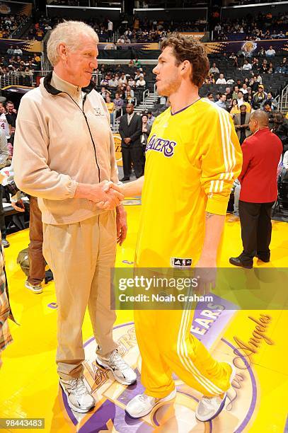Luke Walton of the Los Angeles Lakers is greeted by his father Bill before a game against the Sacramento Kings at Staples Center on April 13, 2010 in...