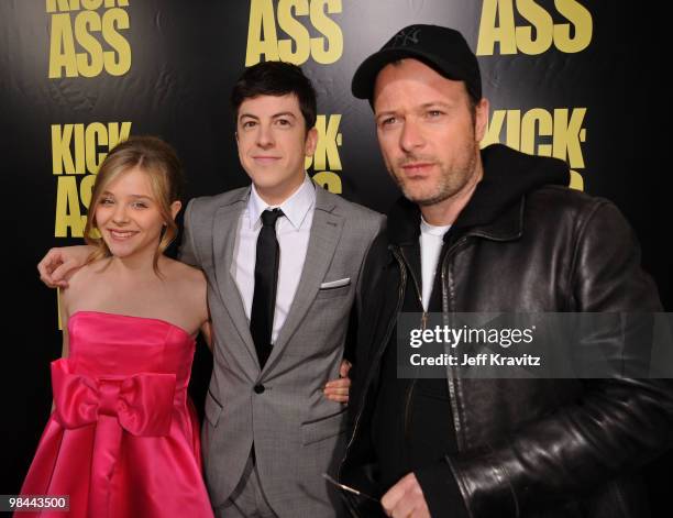 Actress Chloe Moretz, actor Christopher Mintz-Plasse and director Matthew Vaughn arrive at the "Kick-Ass" premiere held at ArcLight Hollywood on...