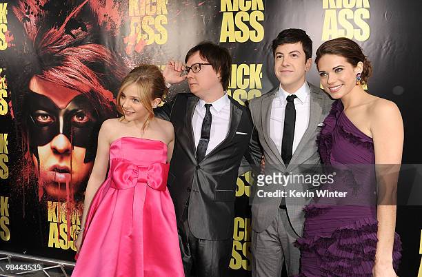 Actors Chloe Moretz, Clark Duke, Christopher Mintz-Plasse, and Lyndsy Fonseca arrive at the premiere of Lionsgate's "Kick-Ass" held at The Cinerama...