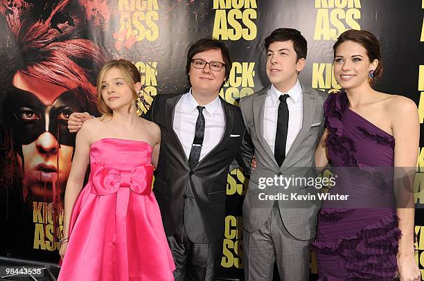 Actors Chloe Moretz, Clark Duke, Christopher Mintz-Plasse, and Lyndsy Fonseca arrive at the premiere of Lionsgate's "Kick-Ass" held at The Cinerama...