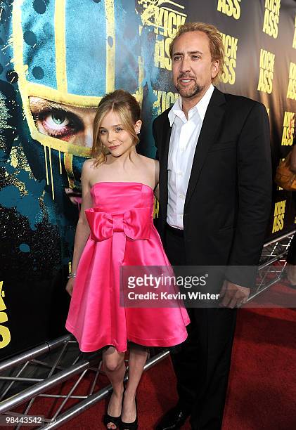 Actress Chloe Moretz and actor Nicolas Cage arrive at the premiere of Lionsgate's "Kick-Ass" held at The Cinerama Dome at the Arclight Hollywood on...