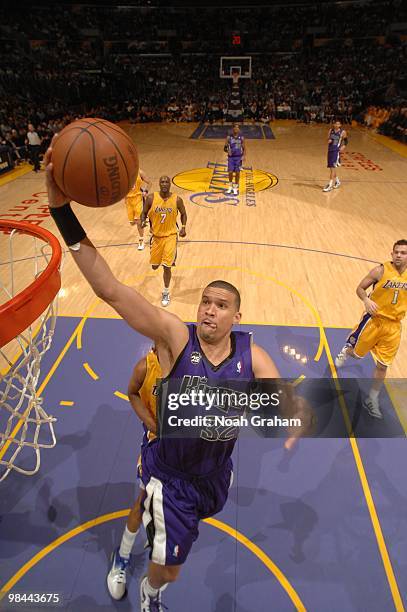 Francisco Garcia of the Sacramento Kings rises for a layup against the Los Angeles Lakers at Staples Center on April 13, 2010 in Los Angeles,...