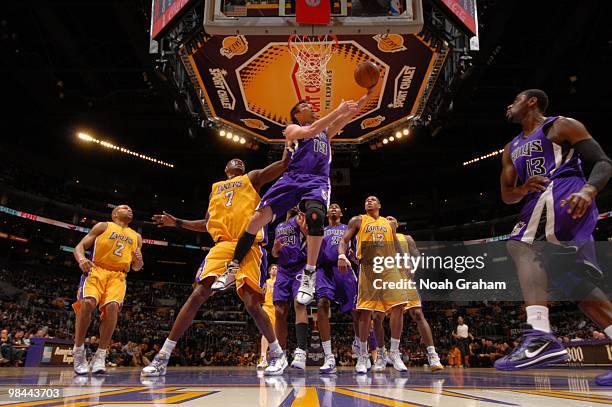 Beno Udrih of the Sacramento Kings goes up for a shot during a game against the Los Angeles Lakers at Staples Center on April 13, 2010 in Los...