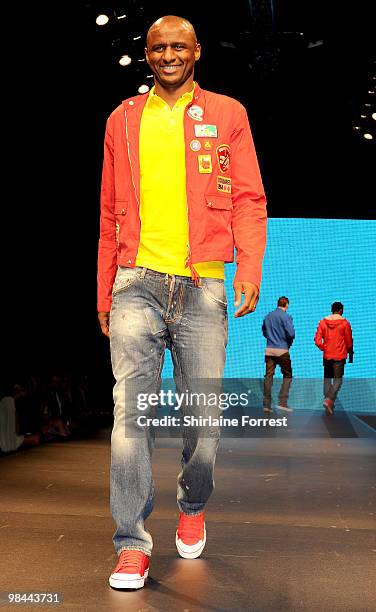 Patrick Vieira models Selfrdges collection at Fashion Kicks in aid of Macmillan Cancer Relief at Old Trafford Cricket ground on April 13, 2010 in...