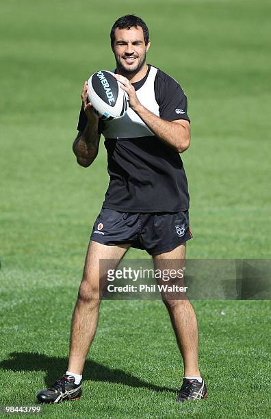Wade McKinnon collects a pass during a Warriors NRL training session at Mt Smart Stadium on April 14, 2010 in Auckland, New Zealand.